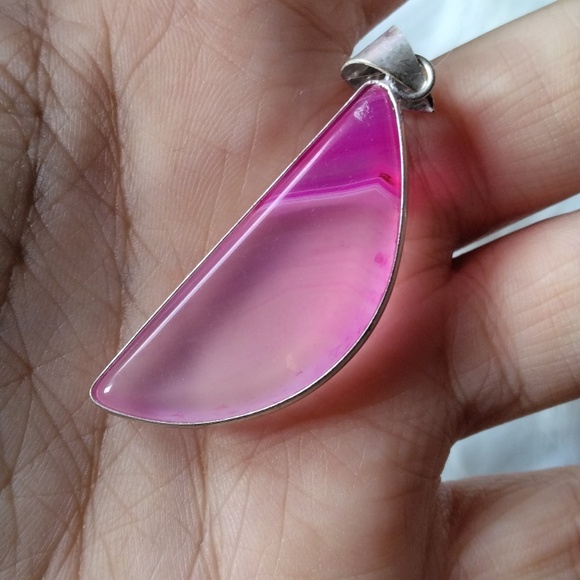 Pink Agate Moon Silver Plated Stone Necklace Pendant - Picture 3 of 4